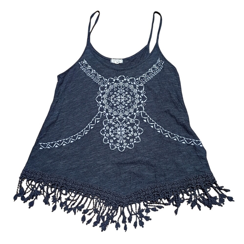 Eyeshadow Women's‎ Medium Black Sleeveless Top with Fringe Embroidery Keyhole